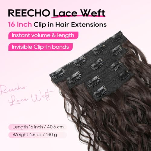 REECHO Curly Hair Extensions, 4PCS 16 inch Clip in Hair Extensions Lace Weft Short Curly Hair Extensions Clip Ins Invisible Natural Hairpieces for Women, Chocolate Brown