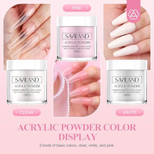 SAVILAND Essentials Acrylic Nail Kit Starter: Acrylic Nail Kit for Beginners with Everything White Pink Clear Acrylic Powder and Liquid Set #8/10/14 Nail Brush Forms Manicure Tools Home Nail Salon DIY