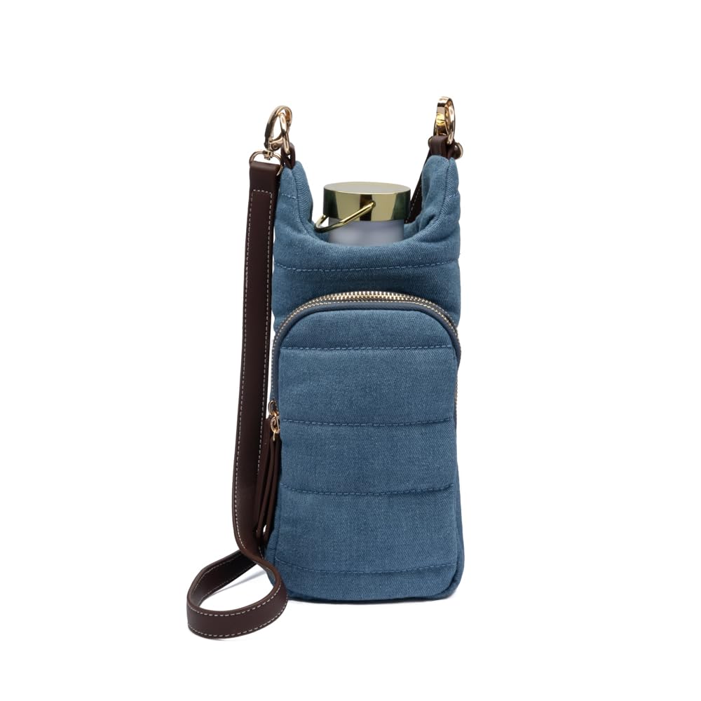 WanderFull Original Crossbody HydroBag | Quilted Water Bottle Carrier & Adjustable Vegan Leather Strap | Denim Tote with Two Pockets for Phone & Accessories | Carry Travel Essentials (Blue)