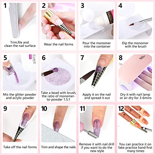 Nail Practice Hand for Acrylic Nails, Flexible Practice Nail Hand Training Kits, Movable Fake Nail Hand to Practice Fake Nails with Nail Drill, Nail Dryer Lamp, 12 Colors Acrylic Powder Beginners Kit