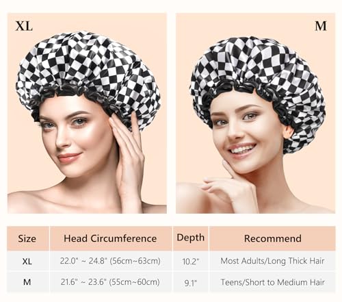 mikimini Shower Cap for Women, Reusable, Double Layers Waterproof Bathing Shower Hat with Soft Comfortable PEVA Lining, Non-fading, Stretchy & Shower Cap for Long Hair Medium Pack of 2, Checkered