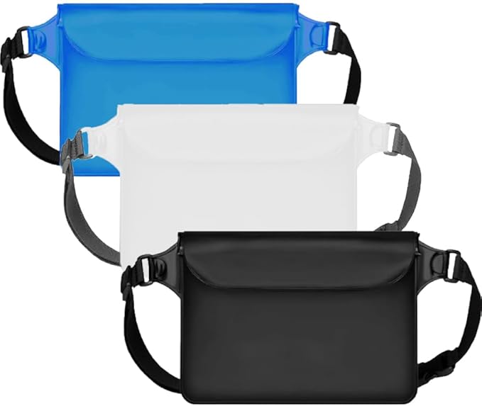 3-Pack Waterproof Bag with Adjustable Waistband and Touch Sensitive Screen, Keeping Your Phone and Valuables Dry, Perfect for Drifting, Swimming, Kayaking, Rowing, Fishing… (Black+White+Bule)