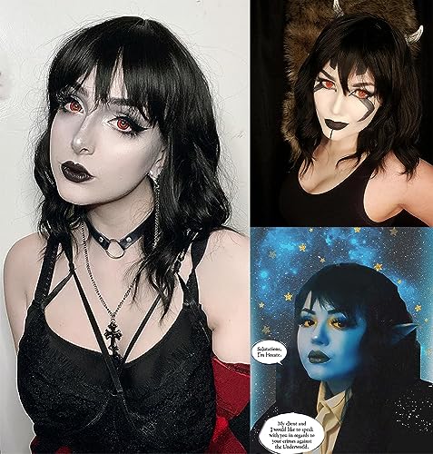 Black Wig with Bangs Wig for Women 12in Short Bob Wavy Curly Wig Natural Black Hair Wigs Heat Resistant Hair Replacement Wigs(12'' Natural Black 1B)