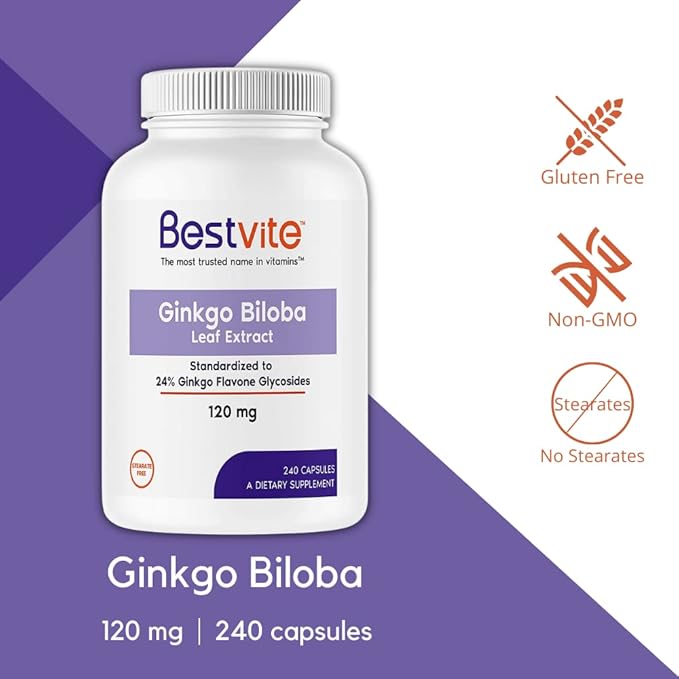 BESTVITE Ginkgo Biloba 120mg (240 Capsules) - No Stearates - Non GMO - Gluten Free - standardized to 24% Ginkgo Flavone Glycosides