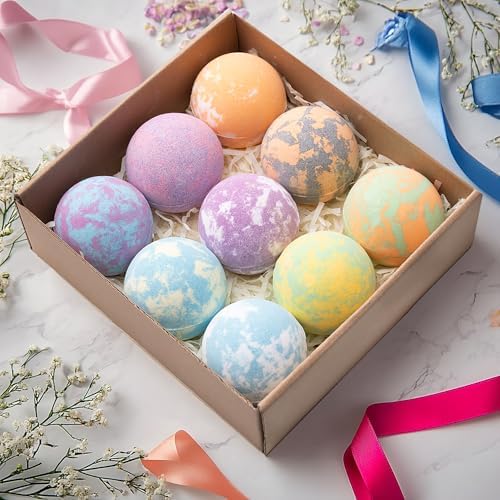 Bath Bomb for Women, 9pcs Handmade Bubble Bathbombs with Natural Essential Oils, Coco Butters, Holiday Gift for Mother, Wife, Girlfriend, Floral Scents, Rich Bubble and Relaxing Spa Bath