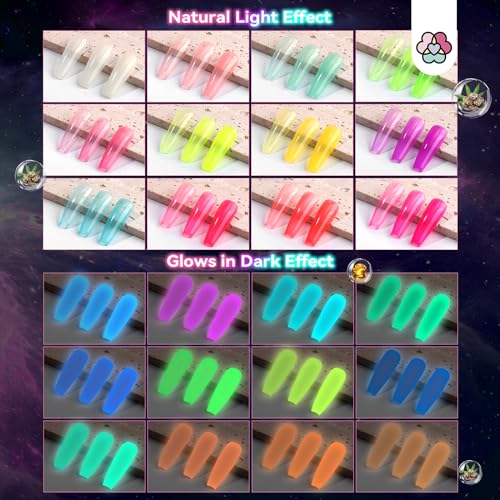 SAVILAND Glows in the Dark Nail Polish Set: 12 Colors Luminous Neon Vegan Nail Polish Kit with Base Nail Coat, Glow Effect Regular Nail Polish Quick Dry for Finger Toe Salon Home DIY Nail Art Beginner