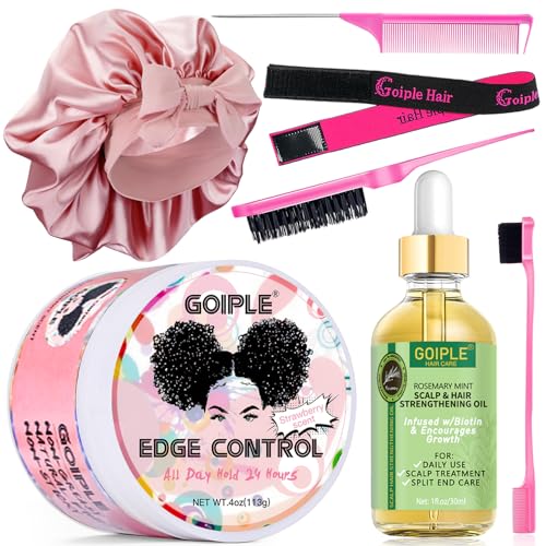 Edge Control Wax Strong Hold Non-greasy Hair Styling Gel - Edge Wax No Flaking Edge Control for Black Hair Edge Wax Fixer for Women Rosemary Hair Oil for Hair Growth Edge Brush Hair Braid Bonnet(7pcs)