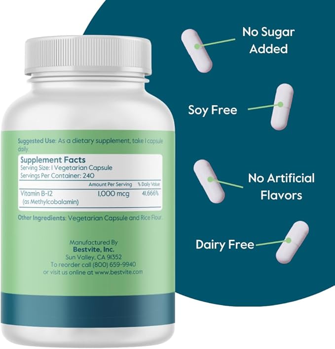 BESTVITE Vitamin B12 (Methylcobalamin) 1000mcg (240 Vegetarian Capsules) (Methyl B12) - No Stearates - Vegan - Non GMO - Gluten Free