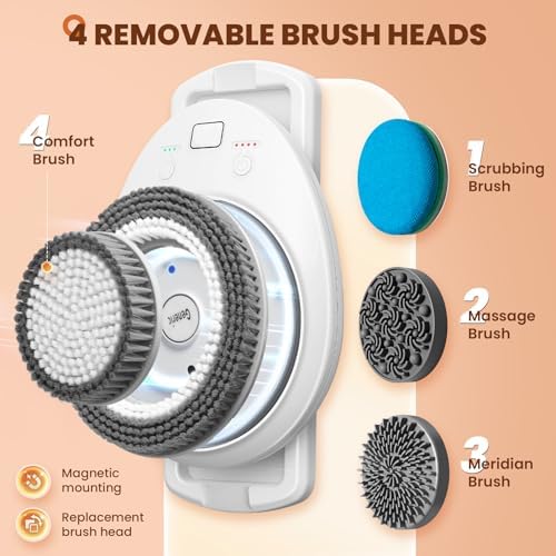 7'' Large Shower Back Scrubber Wall Mounted, 3 Speed Adjustment Electric Body Scrubber for Shower with 4 Replaceable Heads, 360 Degree Automatic Rota Tion Electric Shower Brush