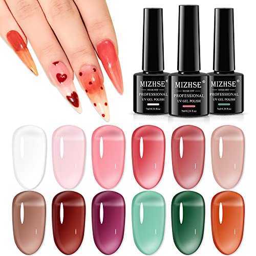 MIZHSE Jelly Gel Nail Polish Set 12 Color, Clear Translucent Spring Gel Polish 7ml, Sheer Manicure Kit UV LED Soak Off Varnish for Home Salon Gift