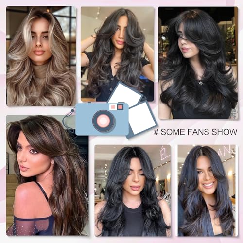 Aisaide Long Wavy Black Layered Wig with Curtain Bangs for Black Women,Synthetic Layered Long Wavy Wig Butterfly Haircut with Thin Hair for Women 24inch(1B)