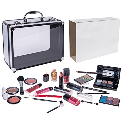 SHANY Carry All Trunk Makeup Train Case with Re-usable Aluminum Beauty Storage Organizer Case. Make up Set with Eye palettes, Blushes,Face Powders, Manicure, Pedicure and Cosmetics Brushes.