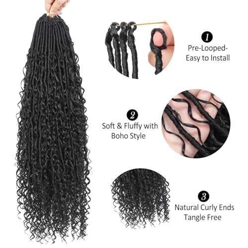 9 packs Boho Faux Locs Crochet Hair, 24 Inch, Natural Black Pre Looped Goddess Soft Locs Crochet Hair with Curly Ends, Bohemian River Locs for Black Women(1B#, 24 Inch)