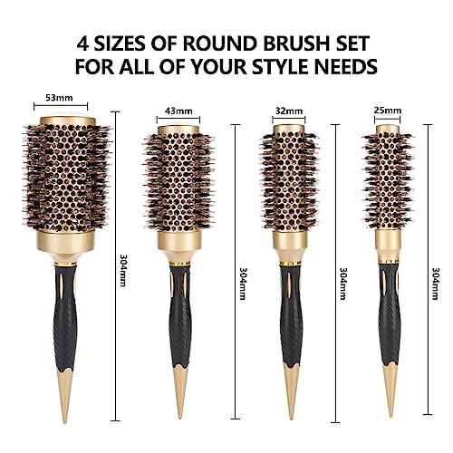 Aozzy Hair Brush, Round Brush Set for Blow Drying - Professional Boar Bristle Hair Styling Brush, Nanothermic-Ion Technology, Vented Ceramic Barrel, for Women - 4 Size Options, Golden
