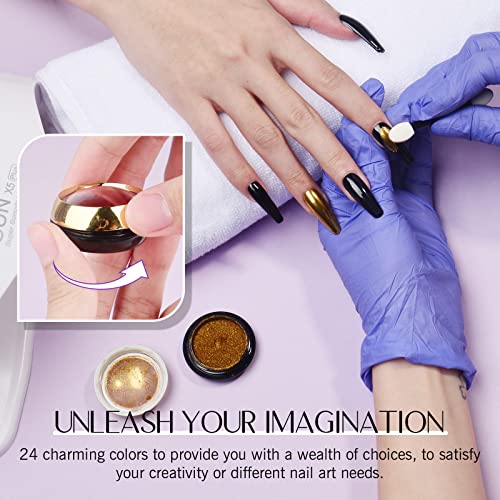 SAVILAND Chrome Nail Powder Set: 24 Colors Metallic Mirror Effect Iridescent Chrome Nail Powder for Gel Polish Holographic Chameleon Pigment Nail Art Decoration Glitter Dust Home Salon Manicure DIY