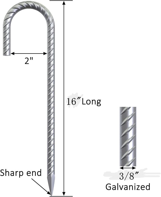 8 Pack 16" Galvanized Rebar Stakes Heavy Duty J Hook Ground Anchors, Curved Steel Tent Stakes Anti Rust Steel Ground Stakes