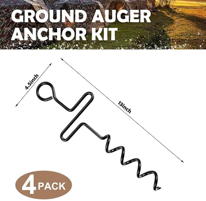 4 Pcs Hunting Blinds and Tarps Auger Stakes-13 Inch Steel Hunting Blind Stakes-Heavy Duty Forged Steel Tent Stakes for Ground Blinds Tent Camping and Tarps