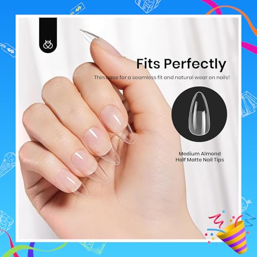 Beetles Medium Almond Nail Tips 576pcs 12 Sizes, Pre-Etched Soft Gel Nail Tips Half Matte Full Cover False Nail Tips Clear Acrylic Nails Glue on Nails DIY Nail Extension Gift for Women