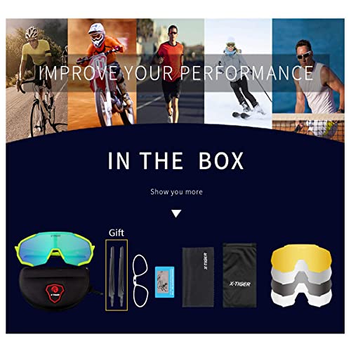X-TIGER Polarized Sports Sunglasses with 5 Interchangeable Lenses,Mens Womens Cycling Bike Glasses,Baseball Running Fishing Golf Driving Sunglasses