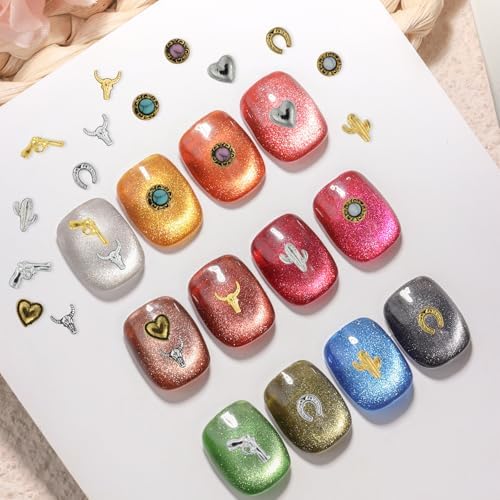 30 PCS Western Nail Charms - 3D Vintage Cowboy Cowgirl Nail Charms, Turquoise, Gold, Silver, Pink, Blue Retro Metal Gem Western Art Stickers Accessories for DIY