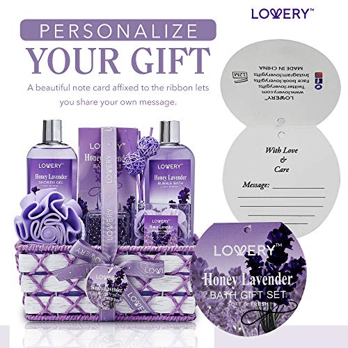 Bath and Body Gift Basket For Women and Men, Honey Lavender Home Spa Set with Essential Oil Diffuser, Soap Flowers, Bath Salts, Bubble Bath & More - 13 Piece Set, Presents for Mom