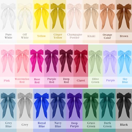 25 Pcs Satin Hair Bows Bulk Silky Big Hair Bows for Women Oversized Long Tail Ribbons Large Knot Clips Barrettes for Holiday Gifts(Plain)