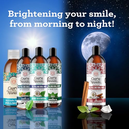 GuruNanda Starter Pulling Oil Mouthwash for Natural Teeth Whitening, Coconut and Peppermint Oil for Fresh Breath & Happy Gums, Alcohol-Free, 8 Oz