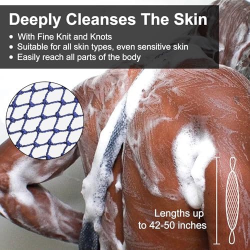 African Net Sponge Authentic with Knots, African Scrub Bath Net, 2 Pieces Exfoliating Body Back Scrubber for Shower, Gentle Exfoliating Washcloth, with 1 Soap Bag (Purple & Green)