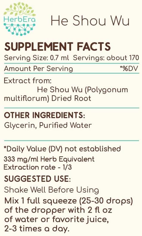 He Shou Wu B120 Alcohol-Free Herbal Extract Tincture, Concentrated Liquid Drops Natural He Shou Wu (Polygonum multiflorum) (4 fl oz)