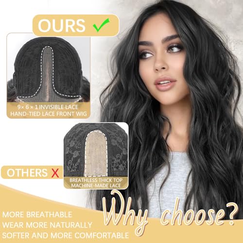 Black Wig for Women 26 Inch Pre Cut Hand-Tied Lace Long Wavy Natural Hairline Middle Part Hair Replacement Wigs for Women Beginners Natural Synthetic Wig for Daily Party 3 Seconds to Wear