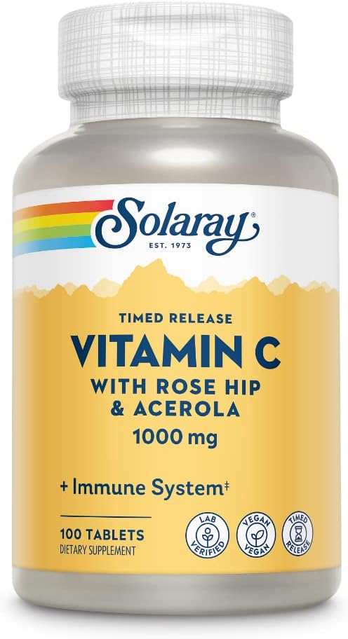 SOLARAY Vitamin C 1000mg Timed Release Capsules with Rose HIPS & Acerola Bioflavonoids, Two-Stage for High Absorption & All Day Immune Function Support, 60 Day Guarantee (100 Servings, 100 Tablets)