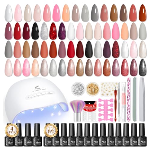 Peacecolor 39pc Gel Nail Polish Kit with U V Light, Pink Brown Nude Dark Red 22 Colors Pastel Gel Polish Kit with Base Top Coat Matte Glossy French Nail Art for Beginners Manicure DIY