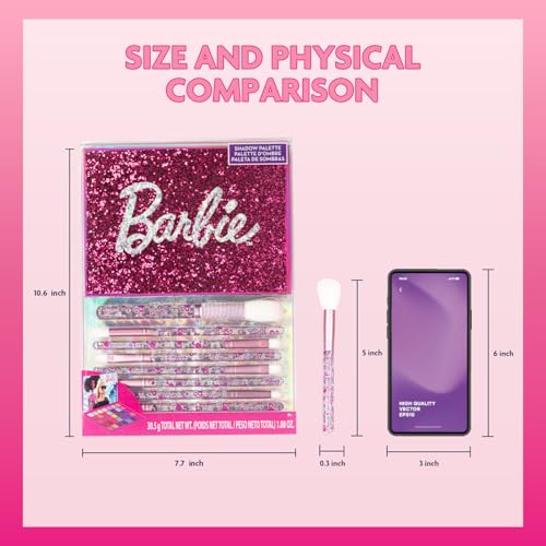 Barbie 35-Well Shadow Palette, Shimmery and Opaque Colors, Pigmented Blendable, 8 Application Brushes Ages 8+, Perfect for Parties, Sleepovers & Makeovers, By Townley Girl