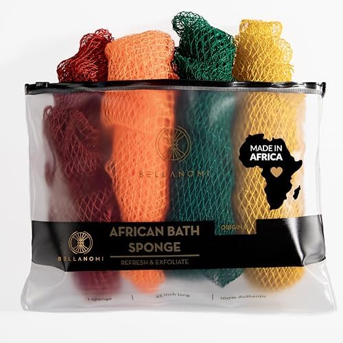 4 Piece African Exfoliating Net Sponge Long African Bath Sponge, Authentic Ethically Sourced from Nigeria, Great for Daily Use (Copper Brown, Orange, Green, Yellow)
