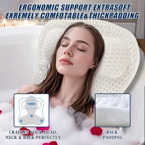 Bath Pillow Bathtub Pillow, Thick Padded Ergonomic Bathtub Headrest for Tub Neck and Back Support with Soft 4D Mesh Fabric and Six Non-Slip Suction Cups, Bath Pillows for Bath Accessories
