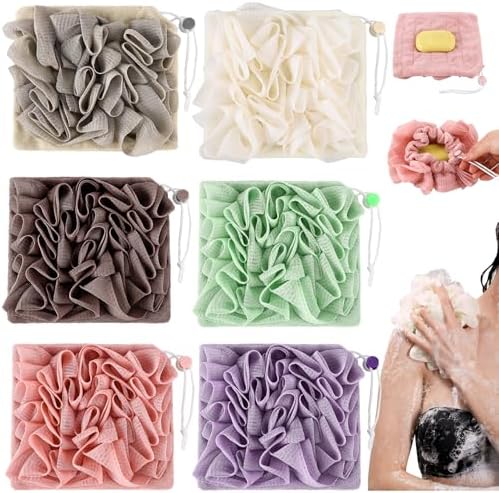 6 Pcs Washcloth Loofah Combo, 2 in 1 Bath Loofah Sponge with Drawstring, Exfoliation Mesh Shower Puff Ball for Body Wash Cleansing and Smooth Skin(Multicolor)