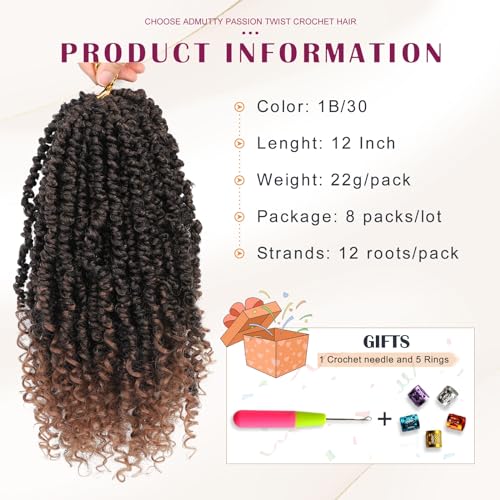 12 Inch Pre-Looped Passion Twist Crochet Hair - 8 Packs Pretwisted Bohemian Braiding Hair for Black Women, Soft Tangle-Free Synthetic Hair for Protective Styles, Easy Install Crochet Braids (1B/30)