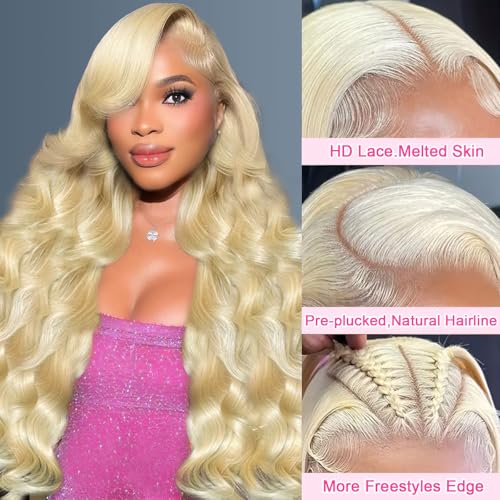 28 Inch 613 13x6 Lace Front Wig Human Hair 200 Density Blonde Wig Human Hair 613 Body Wave Blonde HD Lace Front Wigs Human Hair Pre Plucked 613 Lace Frontal Wigs