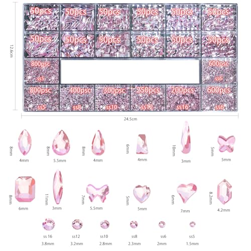 HNUIX Nail Rhinestones - 4550pcs Light Pink, Multiple Shape Gems, Flatback Crystal Rhinestones for Nails Decor Designs Kits