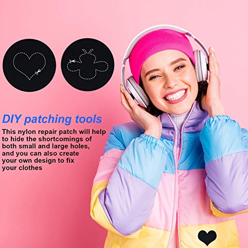 80 Pieces Down Jacket Patches Nylon Repair Tape Self-Adhesive Repair Patch with 8 Sizes for Jacket Tent Outerwear Repair, Round and Oval Shape (Black)