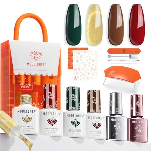 Modelones Gel Nail Polish Kit with U V Light, Green Red Gold Cat Eye Manicure Set with Base Top Coat Stickers 4 Colors Magnetic Gel Mini Salon DIY Nail Art Starter Holiday Gift for Women Girls
