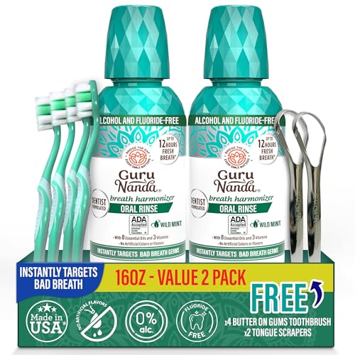 GuruNanda Fresh Breath Mouthwash, ADA-Accepted, Alcohol & Fluoride-Free, Sodium Chlorite, Essential Oils & Vitamins, 12-Hrs Fresh Breath, Wild Mint, 16 oz - 2 Pack