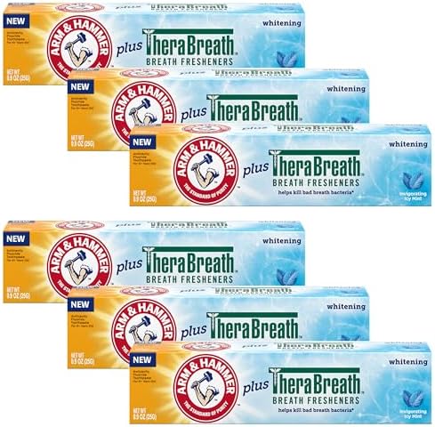 ARM & HAMMER Toothpaste Plus Thera, 6 Pack, ICY Mint, Anticavity Fluoride Toothpaste with Baking Soda, Whitening Enamel Strengthening Toothpaste, Travel Size 0.9 Oz