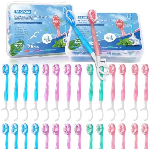 70Pack Mini Disposable Toothbrushes 5-in-1 Portable Pre-Pasted Travel Toothbrush with Toothpaste Tongue Scraper Floss Pick Individually Wrapped Box Small Prepasted Travel Toothbrush for Kids Adults