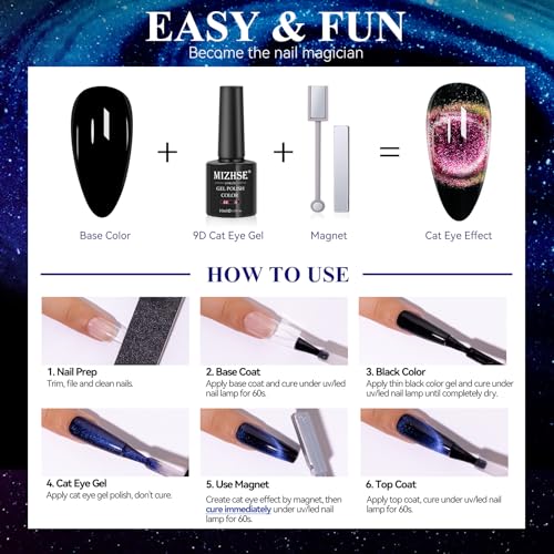 MIZHSE 9D Cat Eye Gel Nail Polish, Magnetic Cat Eye Gel Polish Set, 10ml*6 with 2 Magnets, Classic Colors Chameleon Magic Galaxy Effect Soak off Nail Art, Sparkle Stunning Gel Polish Gift for Women