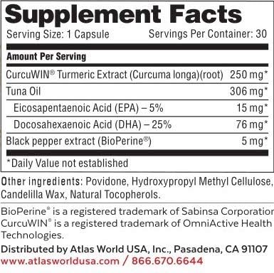 Vitality Rescue, Fish Oil DHA EPA Omega 3 and Turmeric Supplement w/Bioperine, CurcuWin 46X Superior Absorption Curcumin to Support Workout Recovery, Joint, Muscle, Cardio & Brain Health, 30 Capsules
