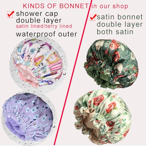 2Pcs Genergy Shower Cap for Women, Adjustable, Large& Reusable &Satin Lined Shower Cap Waterproof Washable &Double Layers &Reversible (Litht grey+Apricot)