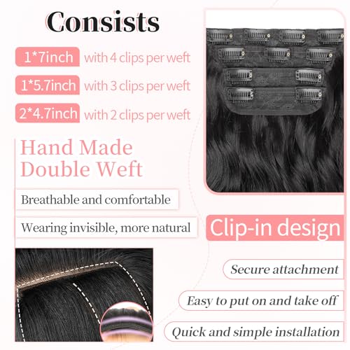 KooKaStyle Clip in Synthetic Hair Extensions Long Wavy 4PCS Thick Hairpieces Black Fiber Double Weft Natural Hair Extensions 24 Inch for Women