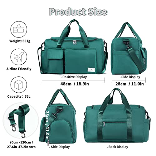 FIORETTO Women's Water-Resistant Gym Duffle Bag with Shoes Compartment, 37L Capacity, Multi-Functional, Ideal for Travel, Gym, Sports, Weekender, Dark Green
