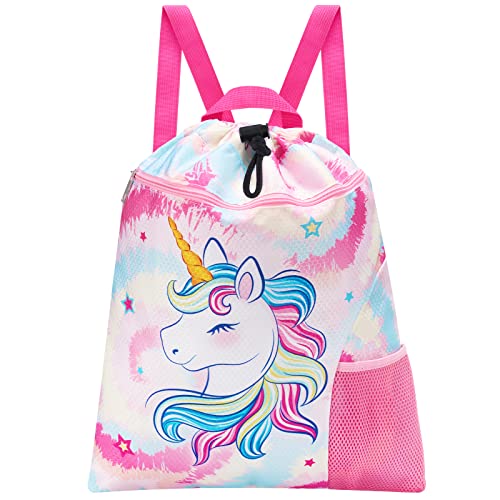 WAWSAM Unicorn Kids Drawstring Backpack - Waterproof String Backpack Gym Bag for Girls Portable Lightweight Backpack Sport Beach Travel Swim Sackpack with Zipper Pocket Water Bottle Pocket